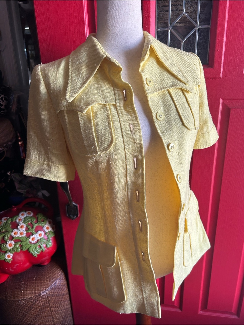 Vintage Yellow Short-Sleeve Button Front Safari Jacket